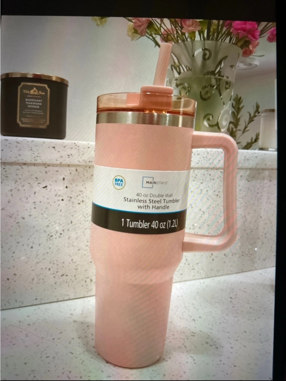 Mainstays Pink Stainless Steel Tumbler with Handle and Straw